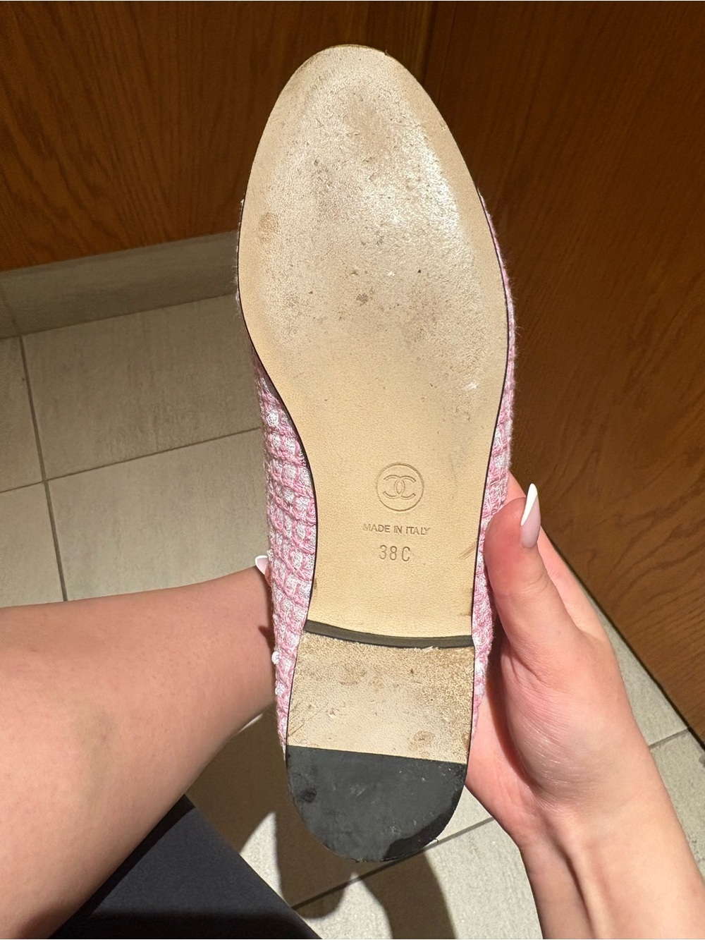 CHANEL Pink Tweed Ballet Flat with Black Cap Toe Bow - Picture 3 of 3